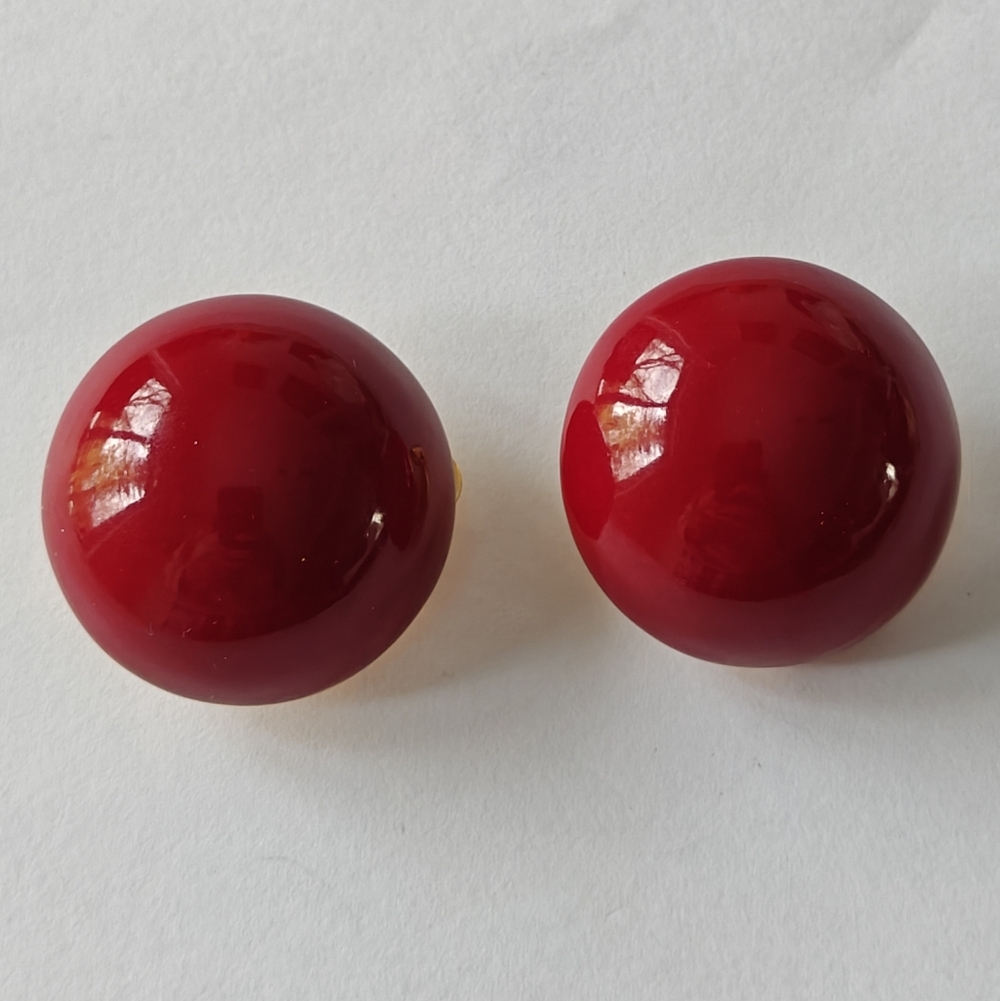 Vintage Signed Gay Boyer Red Enamel Hemisphere Earrings